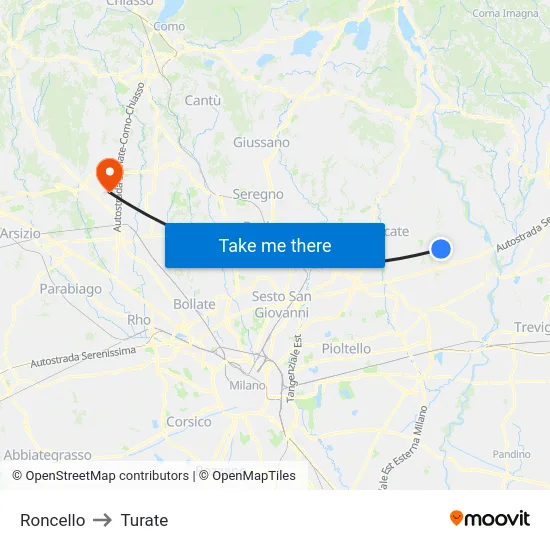 Roncello to Turate map