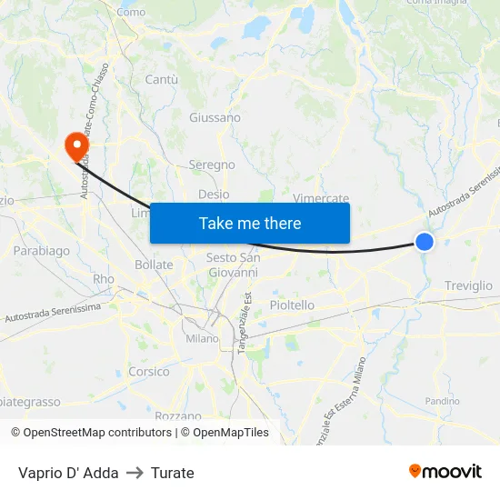 Vaprio d'Adda to Turate map