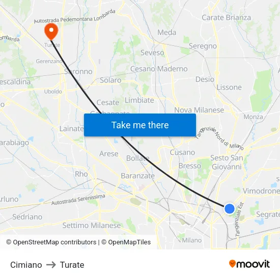 Cimiano to Turate map