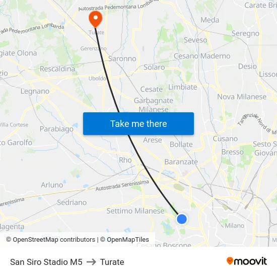 San Siro Stadio M5 to Turate map