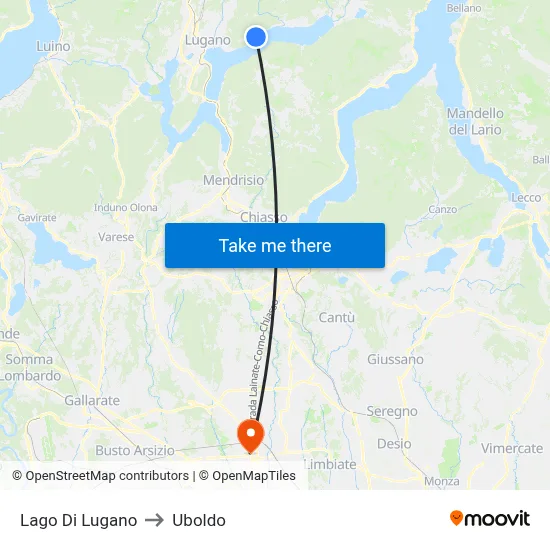 Lake of Lugano to Uboldo map