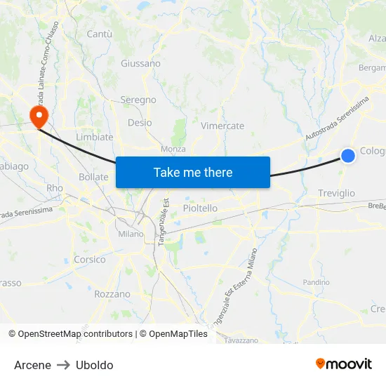 Arcene to Uboldo map