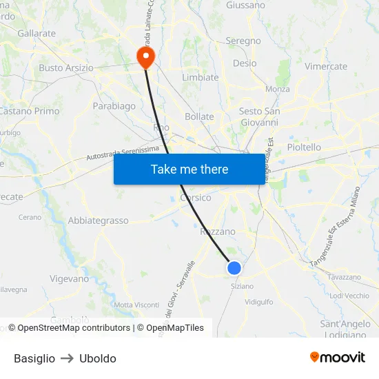 Basiglio to Uboldo map