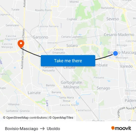 Bovisio-Masciago to Uboldo map