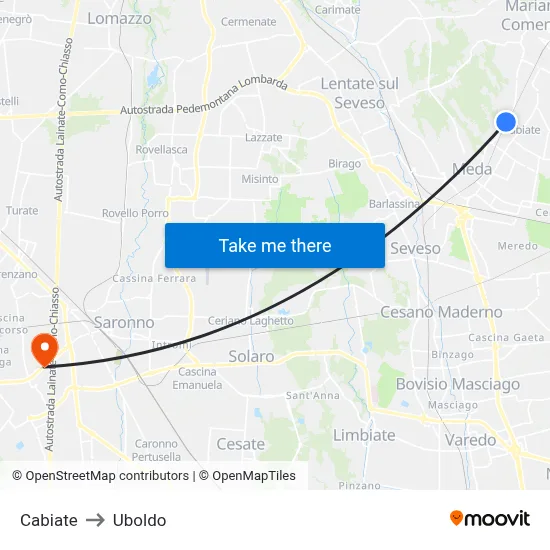 Cabiate to Uboldo map