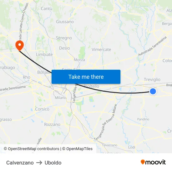 Calvenzano to Uboldo map