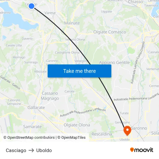 Casciago to Uboldo map