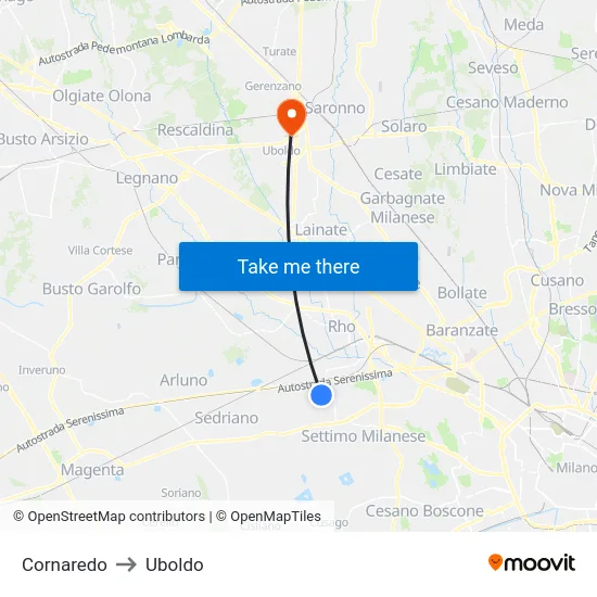 Cornaredo to Uboldo map