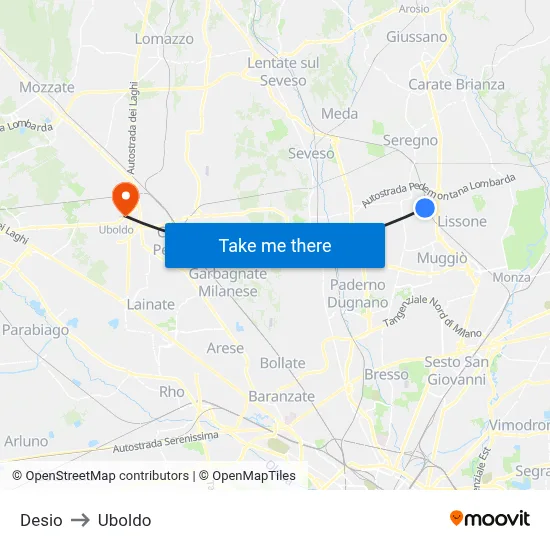 Desio to Uboldo map