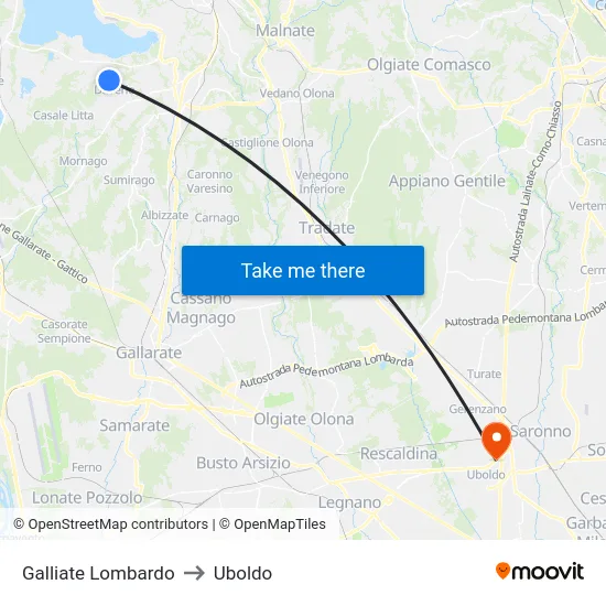 Galliate Lombardo to Uboldo map