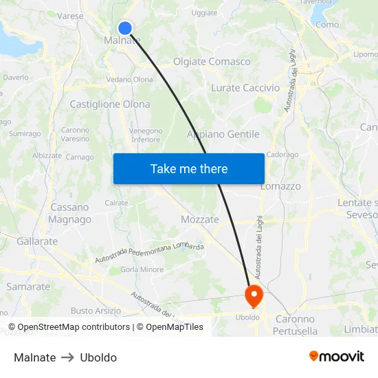 Malnate to Uboldo map