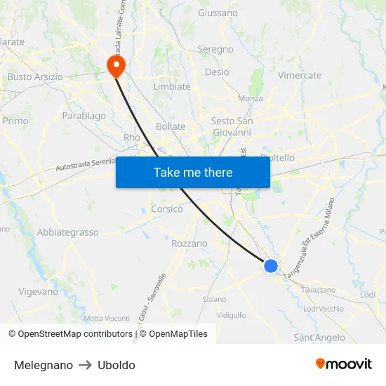 Melegnano to Uboldo map