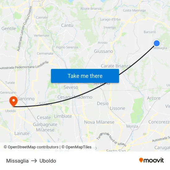 Missaglia to Uboldo map