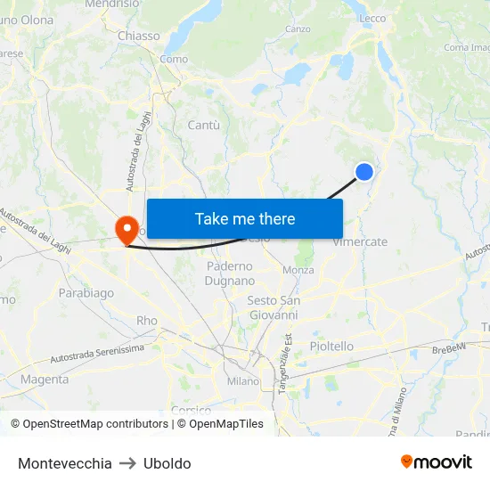 Montevecchia to Uboldo map