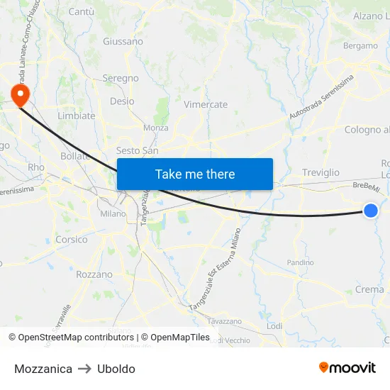 Mozzanica to Uboldo map