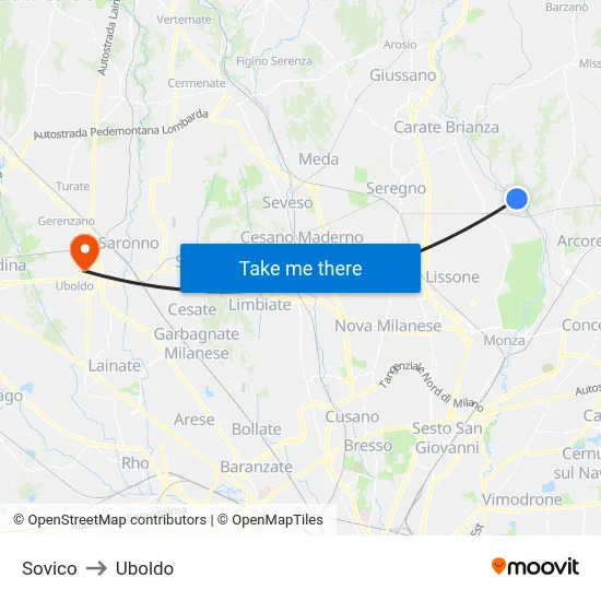 Sovico to Uboldo map