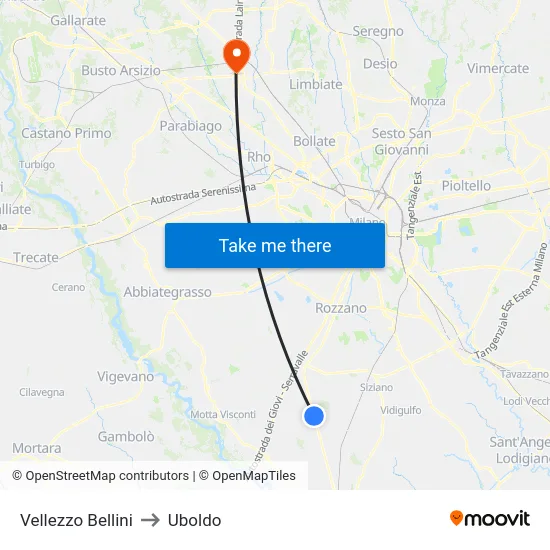 Vellezzo Bellini to Uboldo map