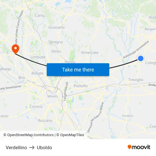 Verdellino to Uboldo map