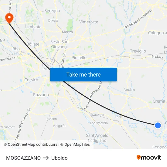 Moscazzano to Uboldo map