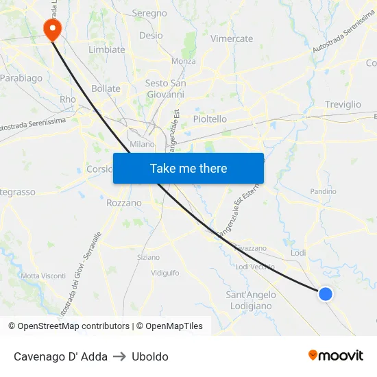 Cavenago D' Adda to Uboldo map