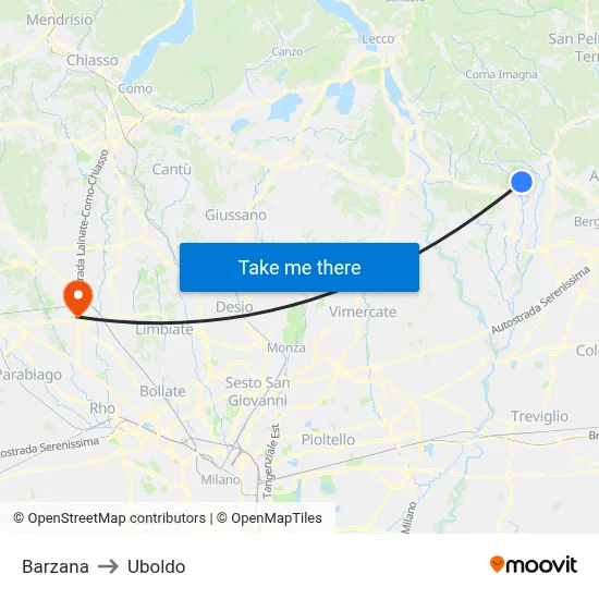 Barzana to Uboldo map