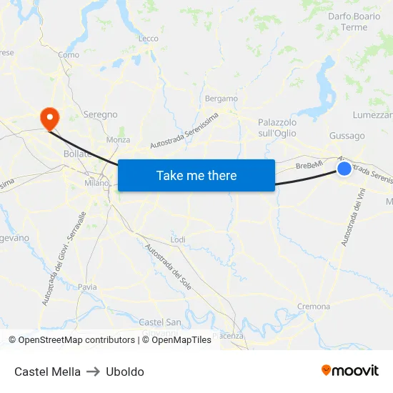 Castel Mella to Uboldo map