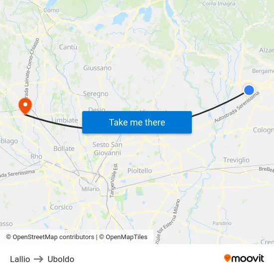 Lallio to Uboldo map
