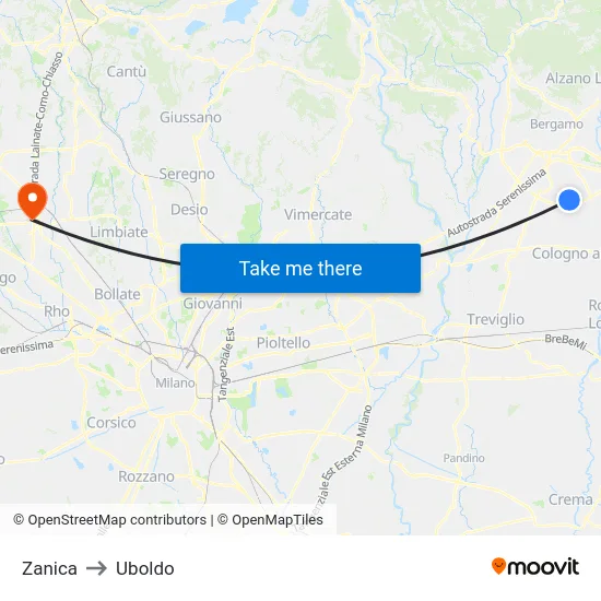 Zanica to Uboldo map