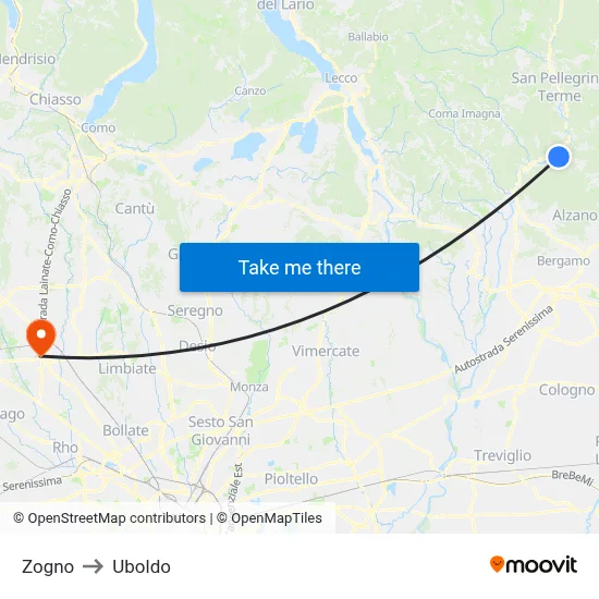 Zogno to Uboldo map