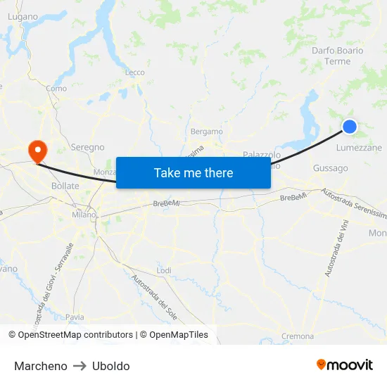Marcheno to Uboldo map