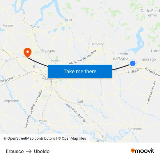 Erbusco to Uboldo map