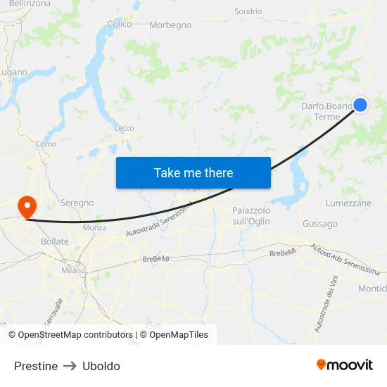 Prestine to Uboldo map