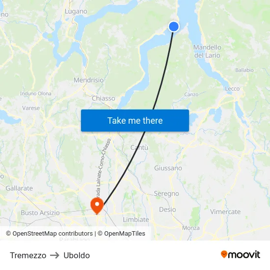 Tremezzo to Uboldo map
