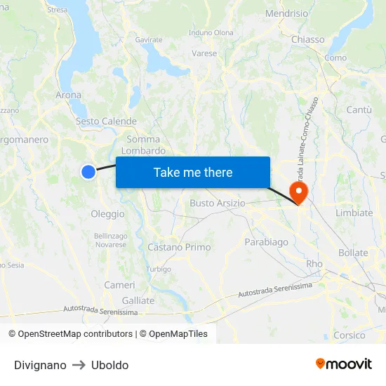 Divignano to Uboldo map