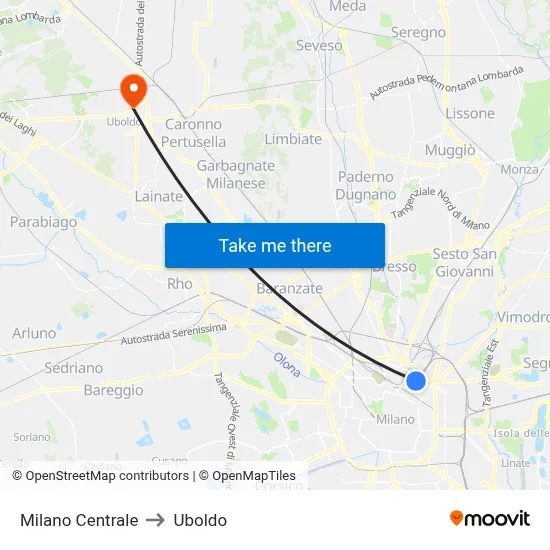 Milan Central to Uboldo map