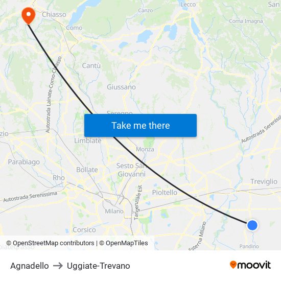 Agnadello to Uggiate-Trevano map