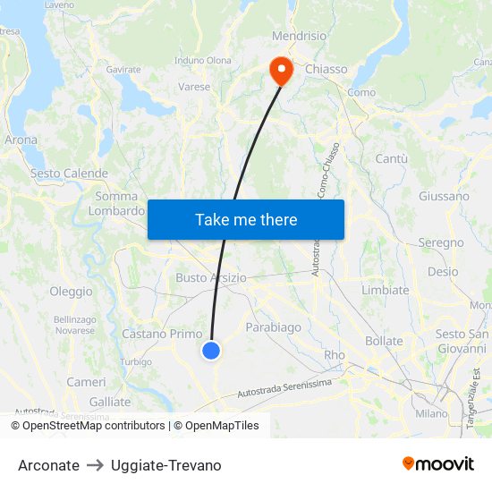 Arconate to Uggiate-Trevano map