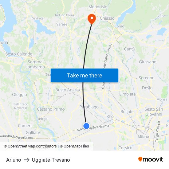 Arluno to Uggiate-Trevano map