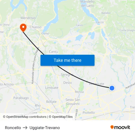 Roncello to Uggiate-Trevano map