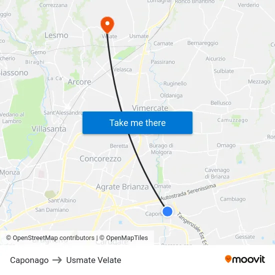Caponago to Usmate Velate map