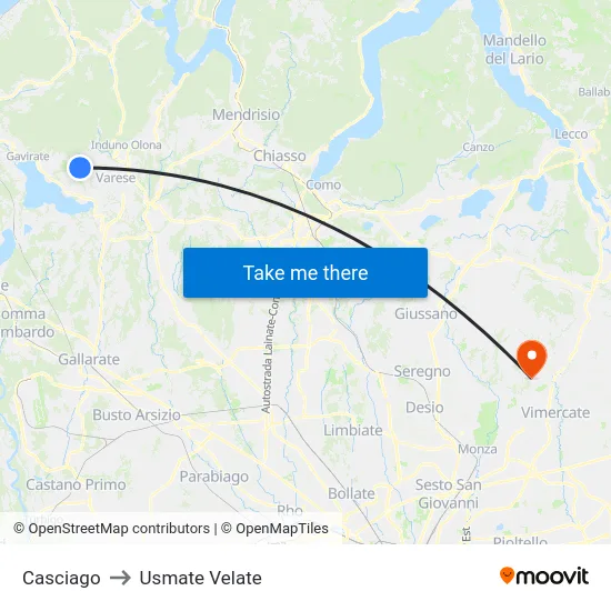 Casciago to Usmate Velate map