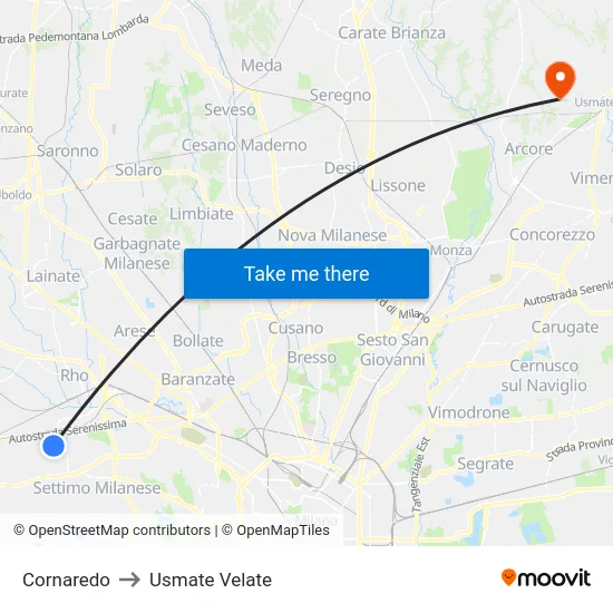 Cornaredo to Usmate Velate map