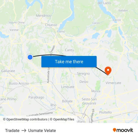 Tradate to Usmate Velate map