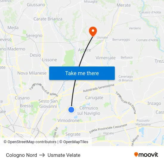 Cologno Nord to Usmate Velate map