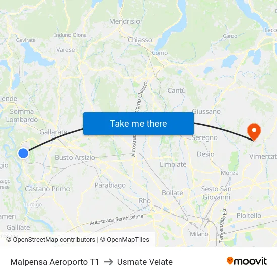 Malpensa Aeroporto T1 to Usmate Velate map