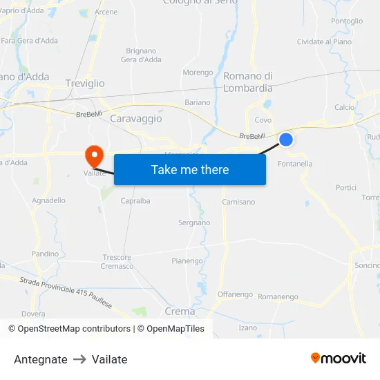 Antegnate to Vailate map