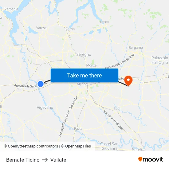 Bernate Ticino to Vailate map