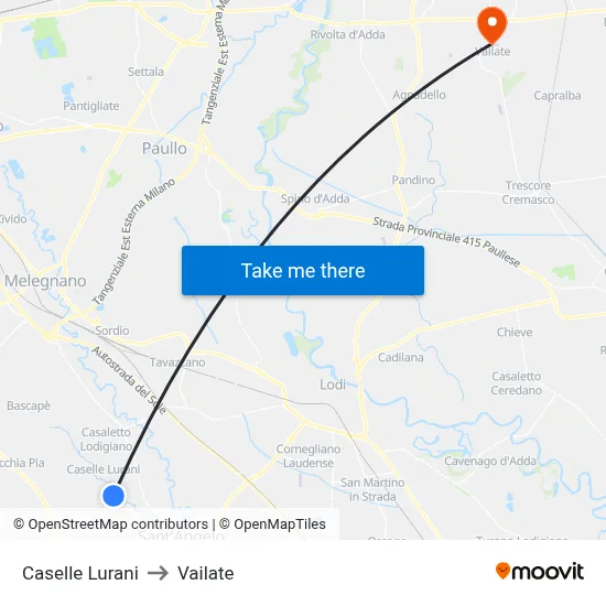 Caselle Lurani to Vailate map