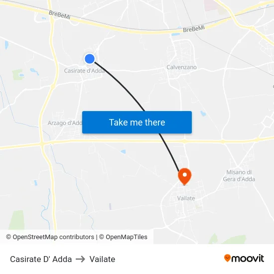 Casirate D' Adda to Vailate map