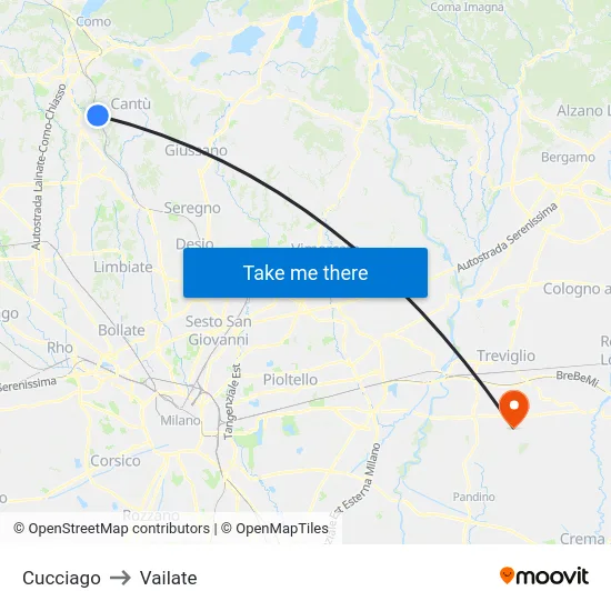 Cucciago to Vailate map